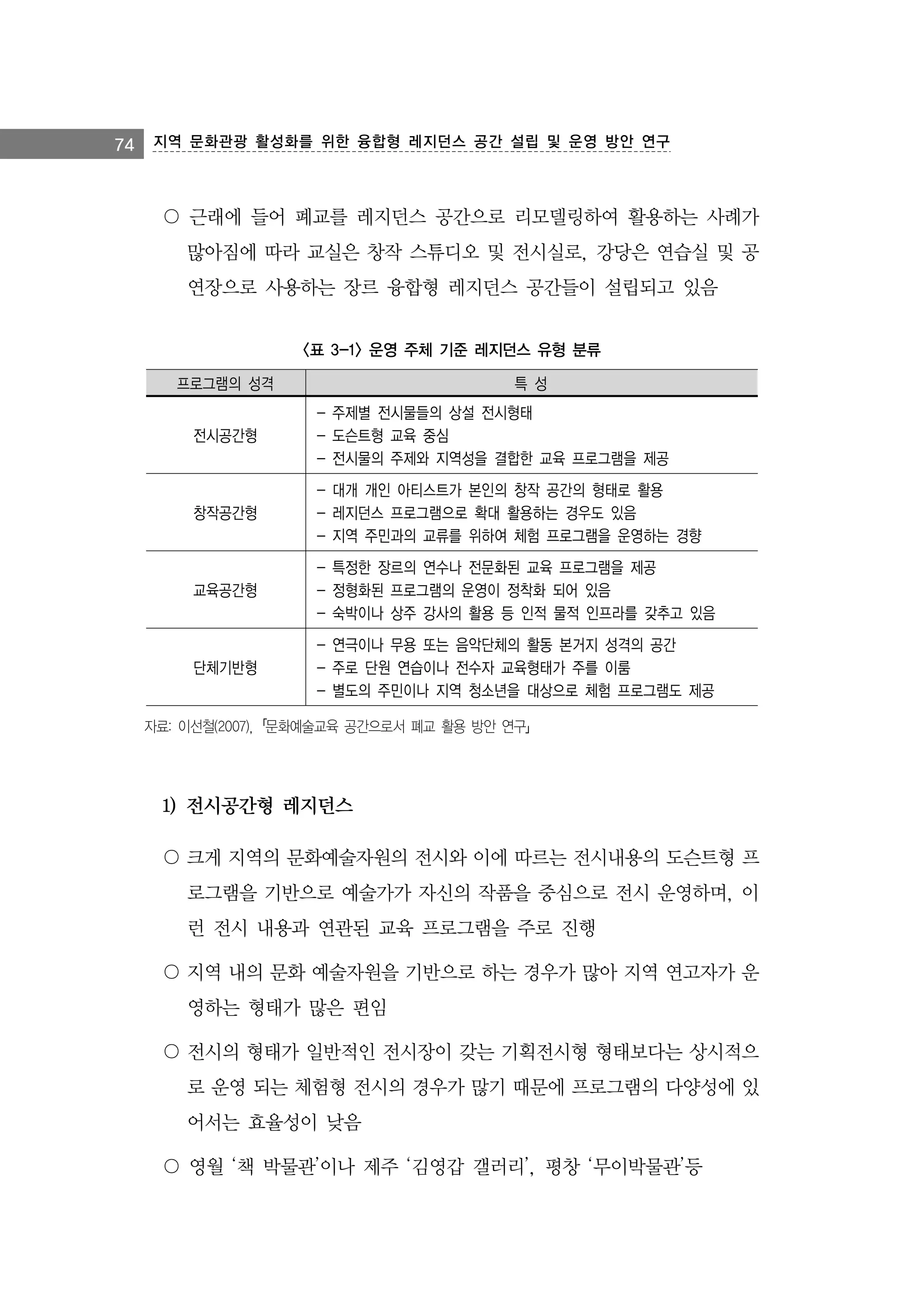 74 지역 문화관광 활성화를 위한 융합형 레지던스 공간 설립 및 운영 방안 연구

〇 근래에 들어 폐교를 레지던스 공간으로 리모델링하여 활용하는 사례가
많아짐에 따라 교실은 창작 스튜디오 및 전시실로, 강당은 연습실 및 공
연장으로 사용하는 장르 융합형 레지던스 공간들이 설립되고 있음
<표 3-1> 운영 주체 기준 레지던스 유형 분류
프로그램의 성격

특 성

전시공간형

- 주제별 전시물들의 상설 전시형태
- 도슨트형 교육 중심
- 전시물의 주제와 지역성을 결합한 교육 프로그램을 제공

창작공간형

- 대개 개인 아티스트가 본인의 창작 공간의 형태로 활용
- 레지던스 프로그램으로 확대 활용하는 경우도 있음
- 지역 주민과의 교류를 위하여 체험 프로그램을 운영하는 경향

교육공간형

- 특정한 장르의 연수나 전문화된 교육 프로그램을 제공
- 정형화된 프로그램의 운영이 정착화 되어 있음
- 숙박이나 상주 강사의 활용 등 인적 물적 인프라를 갖추고 있음

단체기반형

- 연극이나 무용 또는 음악단체의 활동 본거지 성격의 공간
- 주로 단원 연습이나 전수자 교육형태가 주를 이룸
- 별도의 주민이나 지역 청소년을 대상으로 체험 프로그램도 제공

자료: 이선철(2007),「문화예술교육 공간으로서 폐교 활용 방안 연구」

1) 전시공간형 레지던스
〇 크게 지역의 문화예술자원의 전시와 이에 따르는 전시내용의 도슨트형 프
로그램을 기반으로 예술가가 자신의 작품을 중심으로 전시 운영하며, 이
런 전시 내용과 연관된 교육 프로그램을 주로 진행
〇 지역 내의 문화 예술자원을 기반으로 하는 경우가 많아 지역 연고자가 운
영하는 형태가 많은 편임
〇 전시의 형태가 일반적인 전시장이 갖는 기획전시형 형태보다는 상시적으
로 운영 되는 체험형 전시의 경우가 많기 때문에 프로그램의 다양성에 있
어서는 효율성이 낮음
〇 영월 ‘책 박물관’이나 제주 ‘김영갑 갤러리’, 평창 ‘무이박물관’등

 