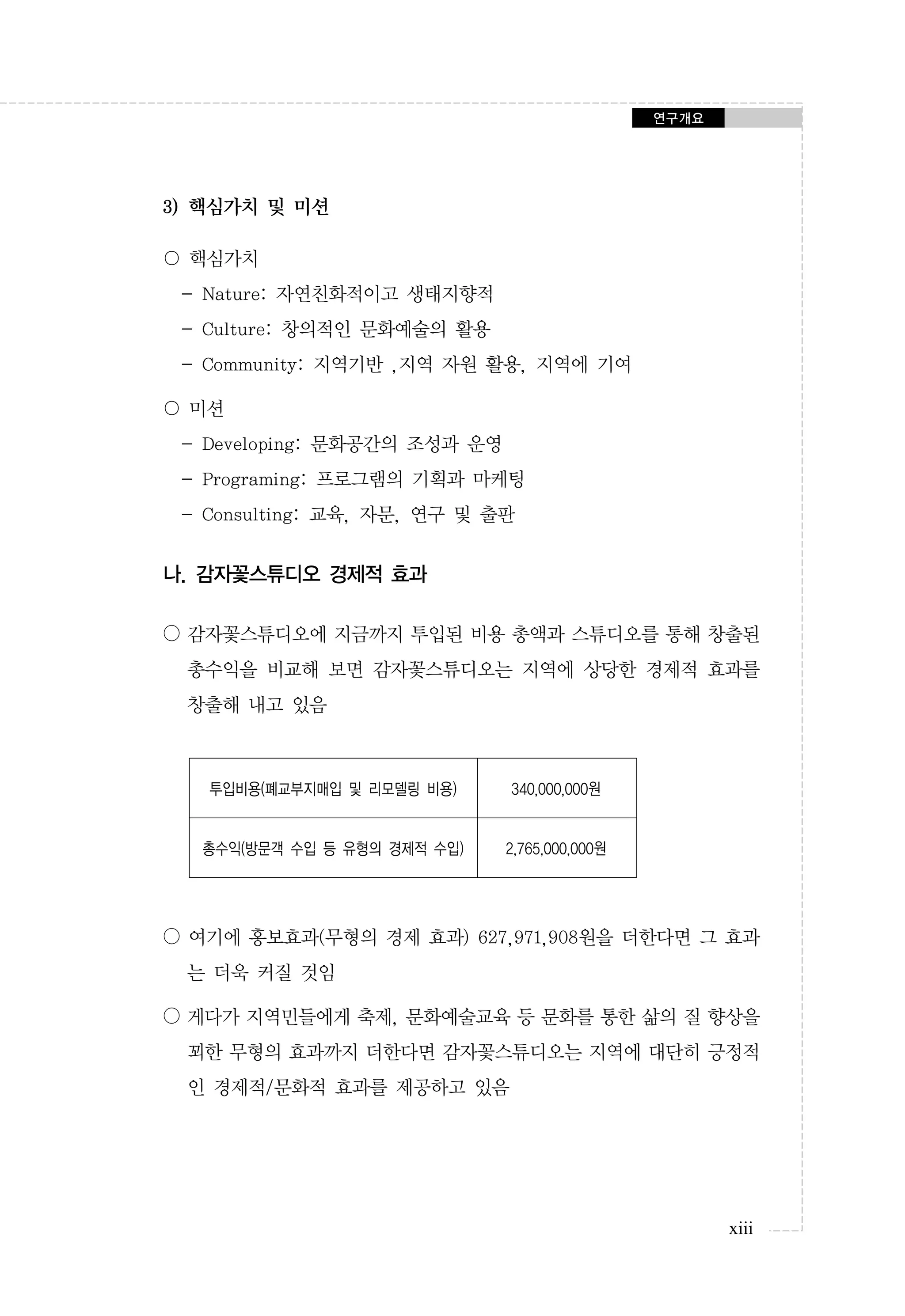 연구개요

3) 핵심가치 및 미션
〇 핵심가치
- Nature: 자연친화적이고 생태지향적
- Culture: 창의적인 문화예술의 활용
- Community: 지역기반 ,지역 자원 활용, 지역에 기여
〇 미션
- Developing: 문화공간의 조성과 운영
- Programing: 프로그램의 기획과 마케팅
- Consulting: 교육, 자문, 연구 및 출판

나. 감자꽃스튜디오 경제적 효과
○ 감자꽃스튜디오에 지금까지 투입된 비용 총액과 스튜디오를 통해 창출된
총수익을 비교해 보면 감자꽃스튜디오는 지역에 상당한 경제적 효과를
창출해 내고 있음

투입비용(폐교부지매입 및 리모델링 비용)

340,000,000원

총수익(방문객 수입 등 유형의 경제적 수입)

2,765,000,000원

○ 여기에 홍보효과(무형의 경제 효과) 627,971,908원을 더한다면 그 효과
는 더욱 커질 것임
○ 게다가 지역민들에게 축제, 문화예술교육 등 문화를 통한 삶의 질 향상을
꾀한 무형의 효과까지 더한다면 감자꽃스튜디오는 지역에 대단히 긍정적
인 경제적/문화적 효과를 제공하고 있음

xiii

 