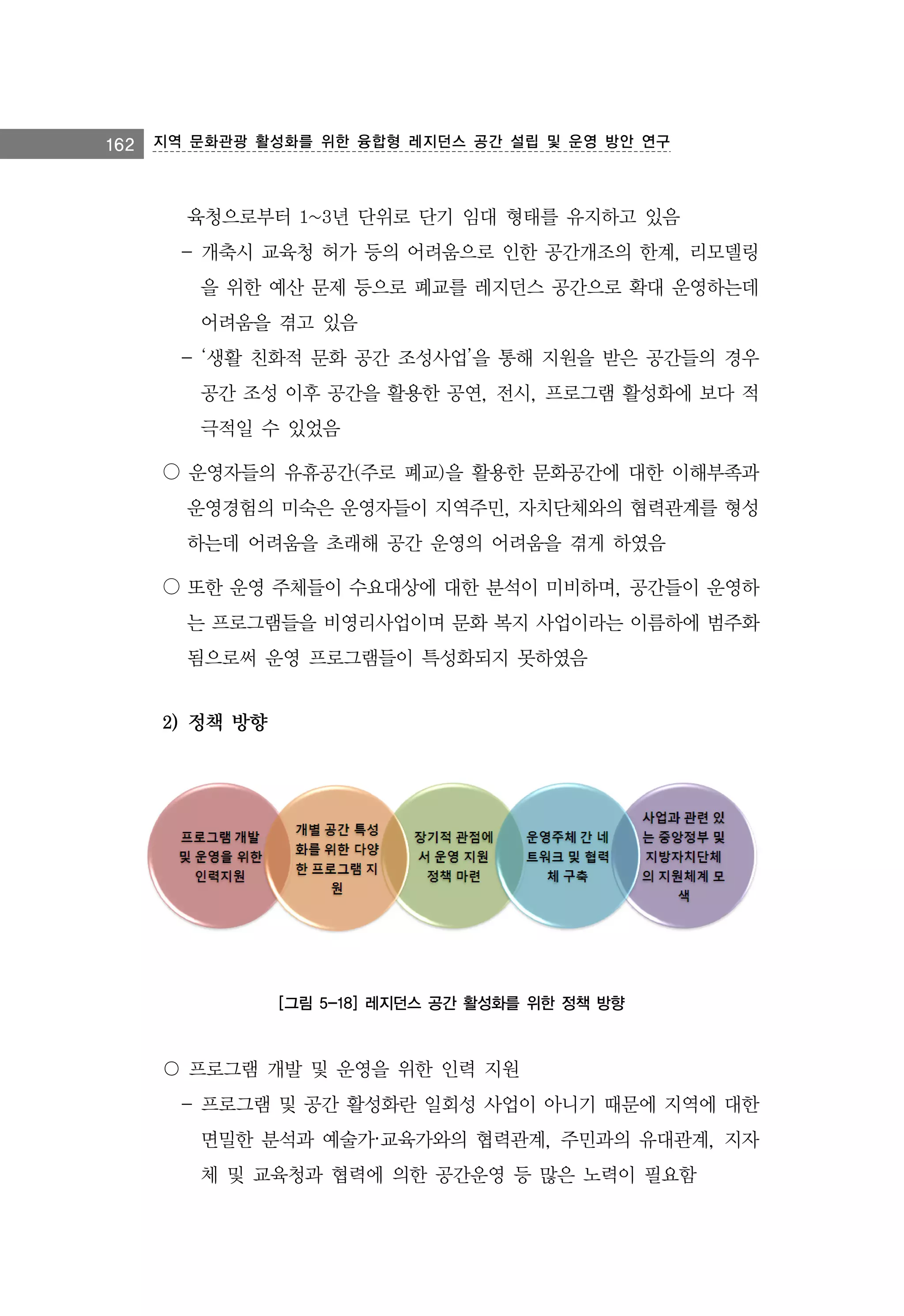 162

지역 문화관광 활성화를 위한 융합형 레지던스 공간 설립 및 운영 방안 연구

육청으로부터 1~3년 단위로 단기 임대 형태를 유지하고 있음
- 개축시 교육청 허가 등의 어려움으로 인한 공간개조의 한계, 리모델링
을 위한 예산 문제 등으로 폐교를 레지던스 공간으로 확대 운영하는데
어려움을 겪고 있음
- ‘생활 친화적 문화 공간 조성사업’을 통해 지원을 받은 공간들의 경우
공간 조성 이후 공간을 활용한 공연, 전시, 프로그램 활성화에 보다 적
극적일 수 있었음
○ 운영자들의 유휴공간(주로 폐교)을 활용한 문화공간에 대한 이해부족과
운영경험의 미숙은 운영자들이 지역주민, 자치단체와의 협력관계를 형성
하는데 어려움을 초래해 공간 운영의 어려움을 겪게 하였음
○ 또한 운영 주체들이 수요대상에 대한 분석이 미비하며, 공간들이 운영하
는 프로그램들을 비영리사업이며 문화 복지 사업이라는 이름하에 범주화
됨으로써 운영 프로그램들이 특성화되지 못하였음

2) 정책 방향

[그림 5-18] 레지던스 공간 활성화를 위한 정책 방향

〇 프로그램 개발 및 운영을 위한 인력 지원
- 프로그램 및 공간 활성화란 일회성 사업이 아니기 때문에 지역에 대한
면밀한 분석과 예술가·교육가와의 협력관계, 주민과의 유대관계, 지자
체 및 교육청과 협력에 의한 공간운영 등 많은 노력이 필요함

 