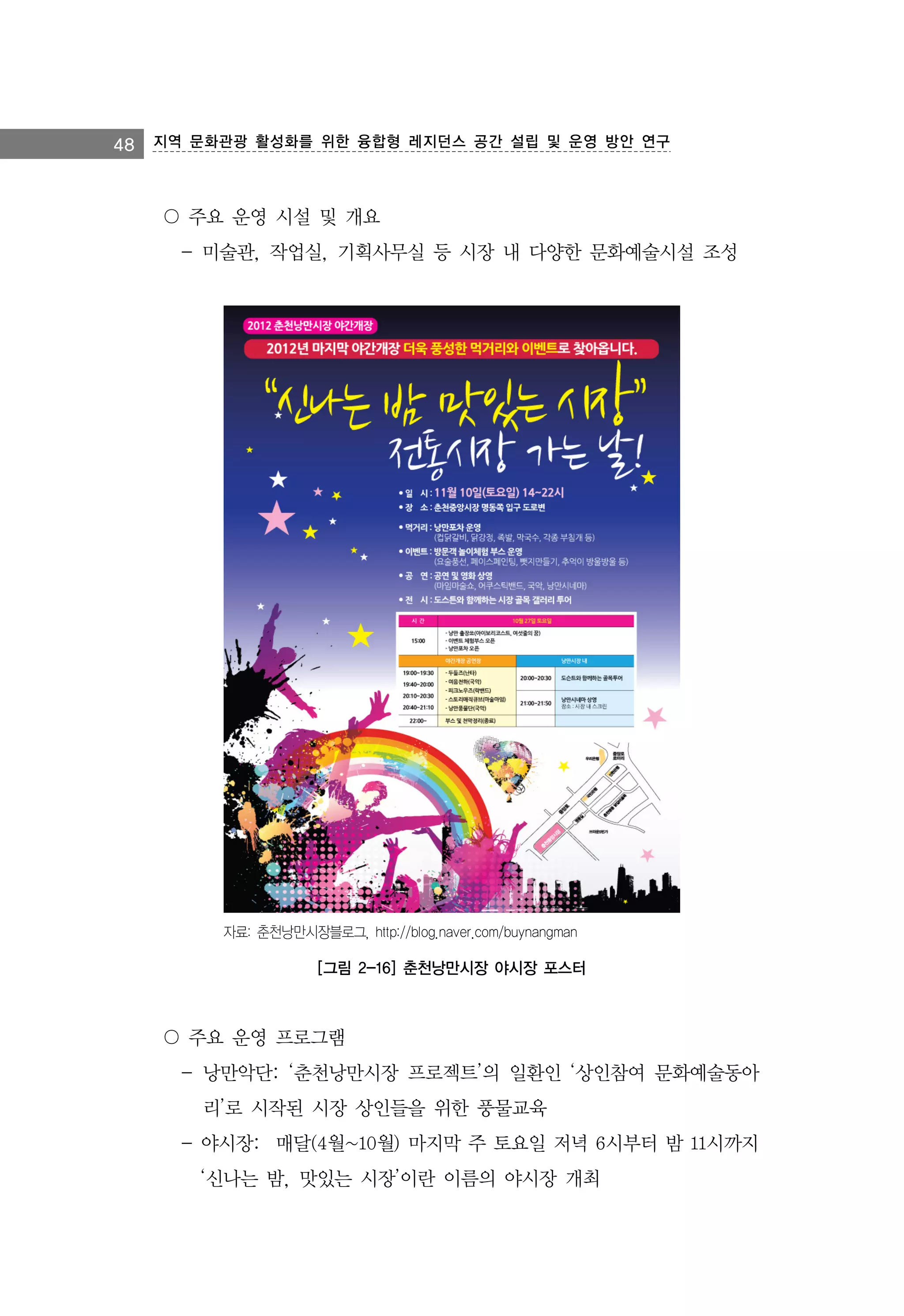 48 지역 문화관광 활성화를 위한 융합형 레지던스 공간 설립 및 운영 방안 연구

〇 주요 운영 시설 및 개요
- 미술관, 작업실, 기획사무실 등 시장 내 다양한 문화예술시설 조성

자료: 춘천낭만시장블로그, http://blog.naver.com/buynangman

[그림 2-16] 춘천낭만시장 야시장 포스터

〇 주요 운영 프로그램
- 낭만악단: ‘춘천낭만시장 프로젝트’의 일환인 ‘상인참여 문화예술동아
리’로 시작된 시장 상인들을 위한 풍물교육
- 야시장: 매달(4월~10월) 마지막 주 토요일 저녁 6시부터 밤 11시까지
‘신나는 밤, 맛있는 시장’이란 이름의 야시장 개최

 