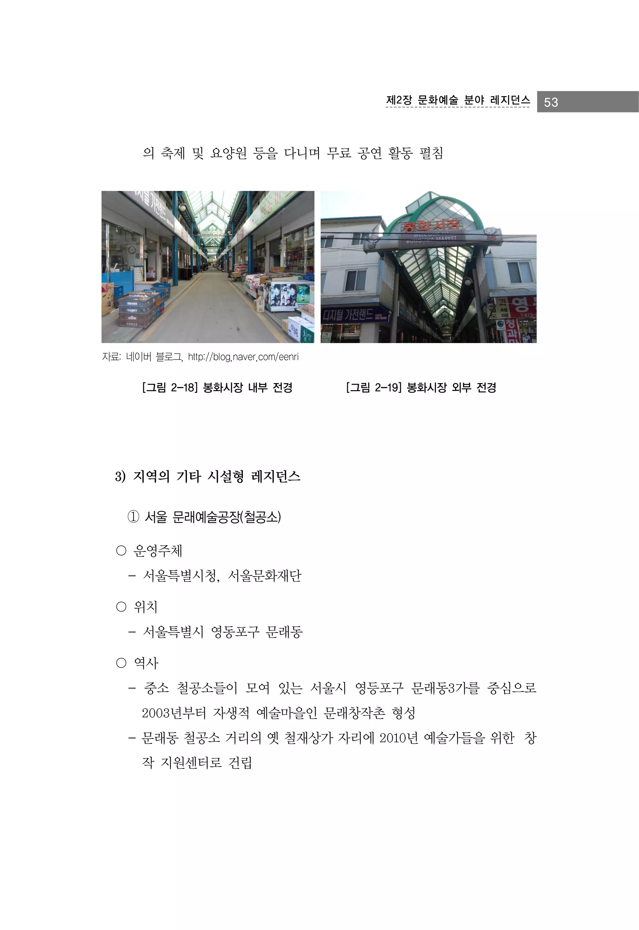 제2장 문화예술 분야 레지던스

의 축제 및 요양원 등을 다니며 무료 공연 활동 펼침

자료: 네이버 블로그, http://blog.naver.com/eenri

[그림 2-18] 봉화시장 내부 전경

[그림 2-19] 봉화시장 외부 전경

3) 지역의 기타 시설형 레지던스
① 서울 문래예술공장(철공소)
〇 운영주체
- 서울특별시청, 서울문화재단
〇 위치
- 서울특별시 영동포구 문래동
〇 역사
- 중소 철공소들이 모여 있는 서울시 영등포구 문래동3가를 중심으로
2003년부터 자생적 예술마을인 문래창작촌 형성
- 문래동 철공소 거리의 옛 철재상가 자리에 2010년 예술가들을 위한 창
작 지원센터로 건립

53

 