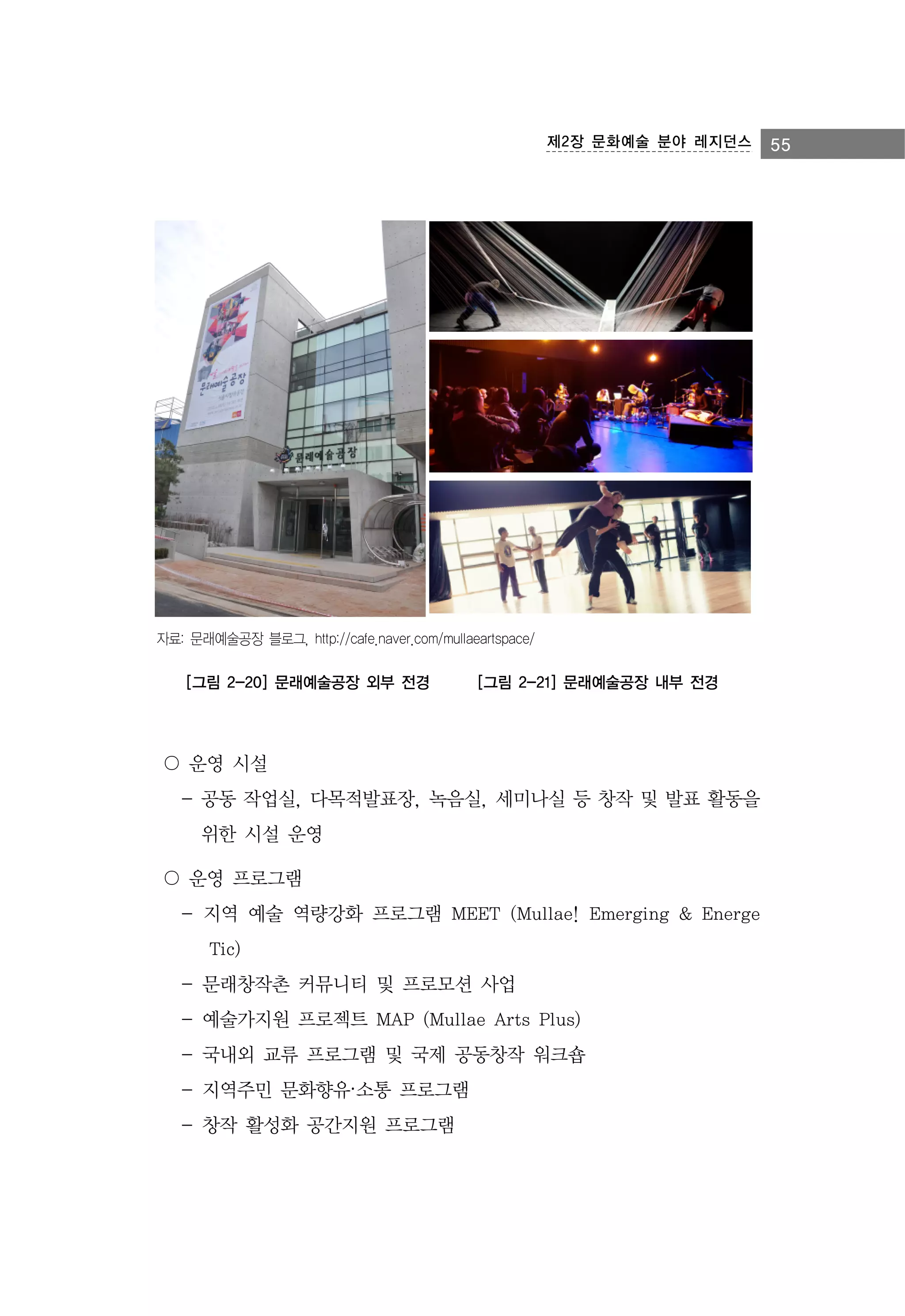제2장 문화예술 분야 레지던스

자료: 문래예술공장 블로그, http://cafe.naver.com/mullaeartspace/

[그림 2-20] 문래예술공장 외부 전경

[그림 2-21] 문래예술공장 내부 전경

〇 운영 시설
- 공동 작업실, 다목적발표장, 녹음실, 세미나실 등 창작 및 발표 활동을
위한 시설 운영
〇 운영 프로그램
- 지역 예술 역량강화 프로그램 MEET (Mullae! Emerging & Energe
Tic)
- 문래창작촌 커뮤니티 및 프로모션 사업
- 예술가지원 프로젝트 MAP (Mullae Arts Plus)
- 국내외 교류 프로그램 및 국제 공동창작 워크숍
- 지역주민 문화향유·소통 프로그램
- 창작 활성화 공간지원 프로그램

55

 