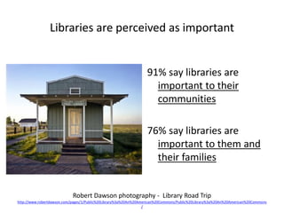 Libraries are perceived as important

91% say libraries are
important to their
communities
76% say libraries are
important to them and
their families

Robert Dawson photography - Library Road Trip
http://www.robertdawson.com/pages/1/Public%20Library%3a%20An%20American%20Commons/Public%20Library%3a%20An%20American%20Commons
/

 