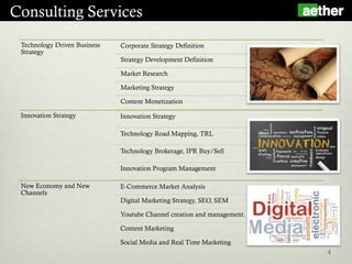 Consulting Services
4
Technology Driven Business
Strategy
Corporate Strategy Definition
Strategy Development Definition
Market Research
Marketing Strategy
Content Monetization
Innovation Strategy Innovation Strategy
Technology Road Mapping, TRL
Technology Brokerage, IPR Buy/Sell
Innovation Program Management
New Economy and New
Channels
E-Commerce Market Analysis
Digital Marketing Strategy, SEO, SEM
Youtube Channel creation and management.
Content Marketing
Social Media and Real Time Marketing
 