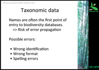 Slide	
  by	
  Laura	
  Russell,	
  VertNet,	
  September	
  2011	
  

Taxonomic	
  data
	
  
Names	
  are	
  oeen	
  the	
  ﬁrst	
  point	
  of	
  
entry	
  to	
  biodiversity	
  databases.	
  
	
  	
  	
  	
  =>	
  Risk	
  of	
  error	
  propaga?on	
  
	
  
Possible	
  errors:	
  
	
  
•  Wrong	
  iden?ﬁca?on	
  
•  Wrong	
  format	
  
•  Spelling	
  errors	
  
24	
  

 