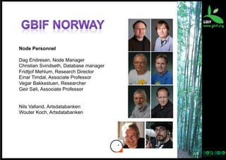 Node Personnel
Dag Endresen, Node Manager
Christian Svindseth, Database manager
Fridtjof Mehlum, Research Director
Einar Timdal, Associate Professor
Vegar Bakkestuen, Researcher
Geir Søli, Associate Professor
Nils Valland, Artsdatabanken
Wouter Koch, Artsdatabanken

57	
  

 