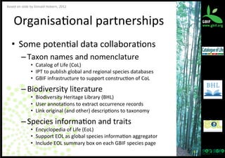 Based	
  on	
  slide	
  by	
  Donald	
  Hobern,	
  2012

Organisa?onal	
  partnerships
	
  
•  Some	
  poten?al	
  data	
  collabora?ons	
  
– Taxon	
  names	
  and	
  nomenclature	
  

•  Catalog	
  of	
  Life	
  (CoL)	
  
•  IPT	
  to	
  publish	
  global	
  and	
  regional	
  species	
  databases	
  
•  GBIF	
  infrastructure	
  to	
  support	
  construc?on	
  of	
  CoL	
  

– Biodiversity	
  literature	
  

•  Biodiversity	
  Heritage	
  Library	
  (BHL)	
  
•  User	
  annota?ons	
  to	
  extract	
  occurrence	
  records	
  
•  Link	
  original	
  (and	
  other)	
  descrip?ons	
  to	
  taxonomy	
  

– Species	
  informa?on	
  and	
  traits	
  

•  Encyclopedia	
  of	
  Life	
  (EoL)	
  
•  Support	
  EOL	
  as	
  global	
  species	
  informa?on	
  aggregator	
  
•  Include	
  EOL	
  summary	
  box	
  on	
  each	
  GBIF	
  species	
  page	
  
8	
  

 
