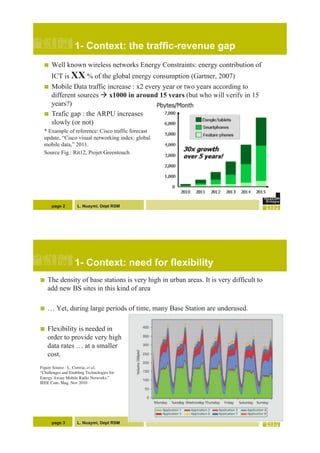 L. Nuaymi, Dépt RSM
1- Context: the traffic-revenue gap
!  Well known wireless networks Energy Constraints: energy contribution of
ICT is XX % of the global energy consumption (Gartner, 2007)
!  Mobile Data traffic increase : x2 every year or two years according to
different sources ! x1000 in around 15 years (but who will verify in 15
years?)
!  Trafic gap : the ARPU increases
slowly (or not)
* Example of reference: Cisco traffic forecast
update, “Cisco visual networking index: global
mobile data,” 2011.
Source Fig.: Rit12, Projet Greentouch
page 2
L. Nuaymi, Dépt RSM
1- Context: need for flexibility
!  The density of base stations is very high in urban areas. It is very difficult to
add new BS sites in this kind of area
!  … Yet, during large periods of time, many Base Station are underused.
!  Flexibility is needed in
order to provide very high
data rates … at a smaller
cost.
Figure Source : L. Correia, et al, !
“Challenges and Enabling Technologies for !
Energy Aware Mobile Radio Networks,” !
IEEE Com. Mag. Nov 2010"
page 3
 
