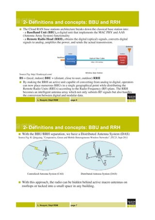 L. Nuaymi, Dépt RSM page 6
2- Definitions and concepts: BBU and RRH!
!  The Cloud RAN base stations architecture breaks down the classical base station into:!
- a BaseBand Unit (BBU), a digital unit that implements the MAC PHY and AAS
(Antenna Array System) functionality!
- a Remote Radio Head (RRH), obtains the digital (optical) signals, converts digital
signals to analog, ampliﬁes the power, and sends the actual transmission. "
Source Fig: http://frankrayal.com/"
BS = (local, indoor) BBU + (distant, close to user, outdoor) RRH!
!  By making the RRH an active unit capable of converting from analog to digital, operators
can now place numerous BBUs in a single geographical point while distributing the
Remote Radio Units (RRUs) according to the Radio Frequency (RF) plans. The RRH
becomes an intelligent antenna array which not only submits RF signals but also handles
the conversion between digital and modular data. "
"!
L. Nuaymi, Dépt RSM page 7
2- Definitions and concepts: BBU and RRH!
!  With the BBU/RRH separation, we have a Distributed Antenna System (DAS)"
Source Fig: R. Qingyang, "Cooperative, Green and Mobile Heterogeneous Wireless Networks”, ITC23, Sept 2011 "
"
"
!  With this approach, the radio can be hidden behind active macro antennas on
rooftops or tucked into a small space in any building."
"!
 