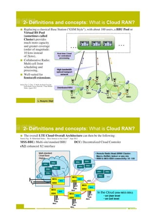 L. Nuaymi, Dépt RSM page 8
2- Definitions and concepts: What is Cloud RAN?!
!  Replacing a classical Base Station ("GSM Style"), with about 100 users, a BBU Pool or
Virtual BS Pool "
(sometimes called "
Cluster) provides !
much more capacity !
and greater coverage !
(order of magnitude: !
10 kms instead !
of 2kms),"
!  Collaborative Radio: !
Multi-cell Joint !
scheduling and !
processing,"
!  Well-suited for !
femtocell extensions."
" ""
Source Fig: C. Chen, "C-RAN: the Road Towards !
Green Radio Access Network," China Mobile !
Slides, August 2012"
!
L. Nuaymi, Dépt RSM page 9
2- Definitions and concepts: What is Cloud RAN?!
!  The overall LTE Cloud Overall Architecture can then be the following: "
Source Fig: B. Haberland Slides, "Base Stations in the Cloud”", Sept 2012"
MSS-BBU: Multi-site/standard BBU DCC: Decentralized Cloud Controler"
eX2: enhanced X2 interface"
"
!
 