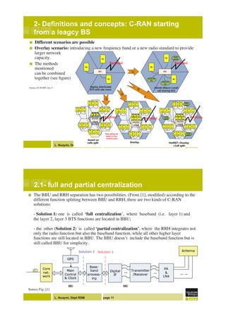 L. Nuaymi, Dépt RSM page 10
2- Definitions and concepts: C-RAN starting
from a leagcy BS!
!  Different scenarios are possible!
!  Overlay scenario: introducing a new frequency band or a new radio standard to provide
larger network !
capacity. "
!  The methods !
mentioned !
can be combined !
together (see ﬁgure)"
Source [4] NGMN, Jan 13"
!
L. Nuaymi, Dépt RSM page 11
2.1- full and partial centralization!
!  The BBU and RRH separation has two possibilities. (From [1], modiﬁed) according to the
different function splitting between BBU and RRH, there are two kinds of C-RAN  
solutions:  !
!
- Solution 1: one  is  called  ‘full  centralization’,  where  baseband  (i.e.   layer 1) and
the layer 2, layer 3 BTS functions are located in BBU;!
!
- the  other (Solution 2)  is  called ‘partial centralization’, where  the RRH integrates not
only the radio function but also the baseband function, while all other higher layer
functions are still located in BBU. The BBU doesn’t  include the baseband function but is
still called BBU for simplicity."
"
"
Source Fig: [1]"
 