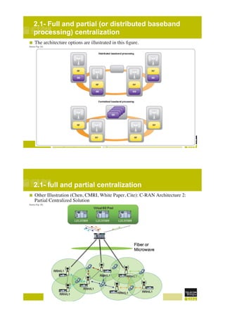 L. Nuaymi, Dépt RSM page 12
2.1- Full and partial (or distributed baseband
processing) centralization!
!  The architecture options are illustrated in this ﬁgure. ""
Source Fig: [6]"
!
L. Nuaymi, Dépt RSM page 13
2.1- full and partial centralization!
!  Other Illustration (Chen, CMRI, White Paper, Cite): C-RAN Architecture 2:
Partial Centralized Solution ""
Source Fig: [6] cite, see above"
!
 