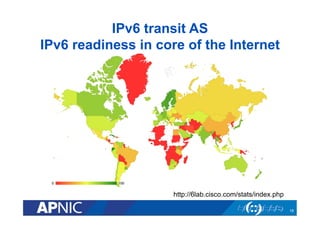 IPv6 transit AS
IPv6 readiness in core of the Internet

http://6lab.cisco.com/stats/index.php
18

 
