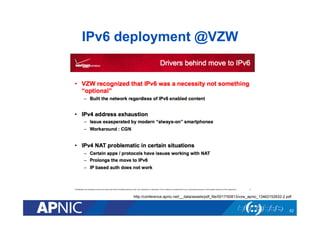 IPv6 deployment @VZW

http://conference.apnic.net/__data/assets/pdf_file/0017/50813/vzw_apnic_13462152832-2.pdf

52

 