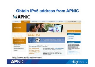 Obtain IPv6 address from APNIC

http://www.apnic.net/services/
58

 