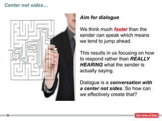 9
Center not sides…
Aim for dialogue
We think much faster than the
sender can speak which means
we tend to jump ahead.
This results in us focusing on how
to respond rather than REALLY
HEARING what the sender is
actually saying.
Dialogue is a conversation with
a center not sides. So how can
we effectively create that?
 