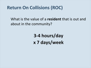 Return On Collisions (ROC)
What is the value of a resident that is out and
about in the community?

3-4 hours/day
x 7 days/week

Slide 101

 