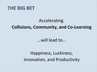 THE BIG BET
Accelerating
Collisions, Community, and Co-Learning
…will lead to…
Happiness, Luckiness,
Innovation, and Productivity
Slide 28

 