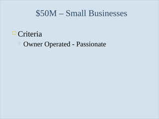 $50M – Small Businesses


Criteria


Slide 32

Owner Operated - Passionate

 