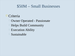 $50M – Small Businesses


Criteria





Slide 35

Owner Operated - Passionate
Helps Build Community
Execution Ability
Sustainable

 