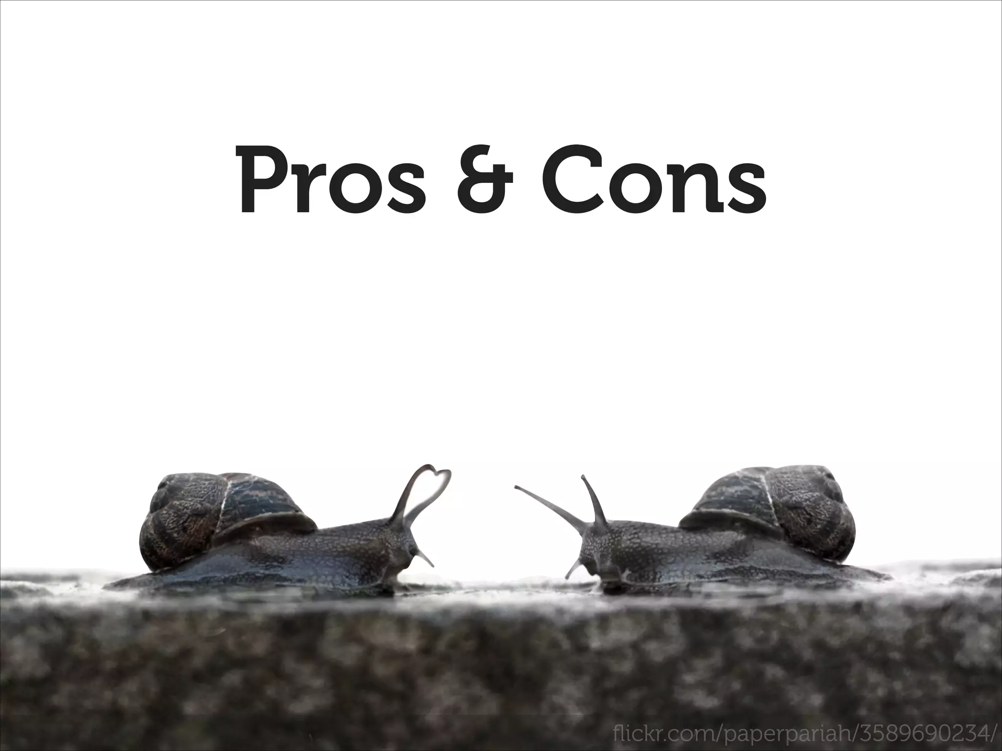 Pros & Cons

ﬂickr.com/paperpariah/3589690234/

 