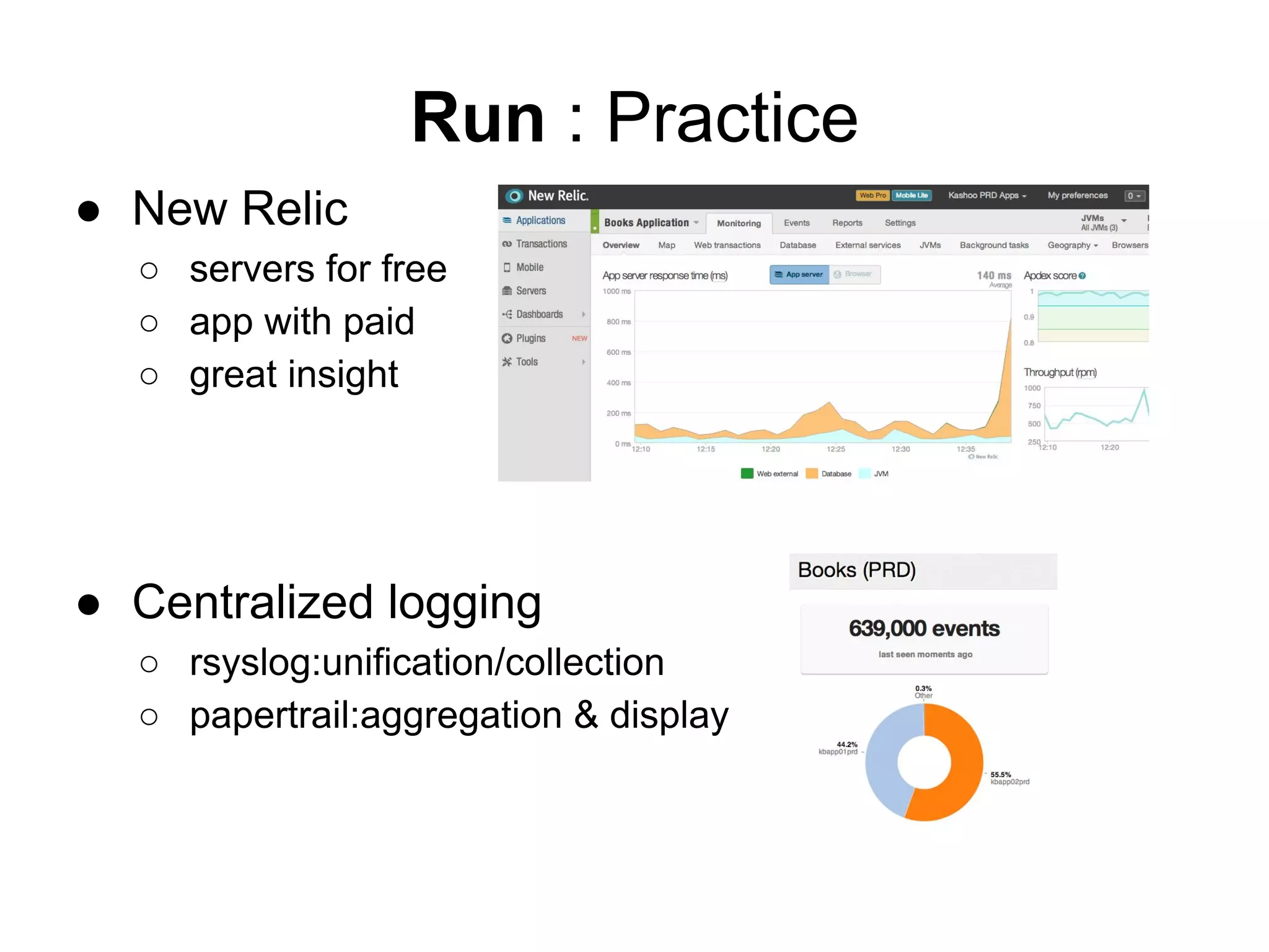 ● New Relic
○ servers for free
○ app with paid
○ great insight
● Centralized logging
○ rsyslog:unification/collection
○ papertrail:aggregation & display
Run : Practice
 