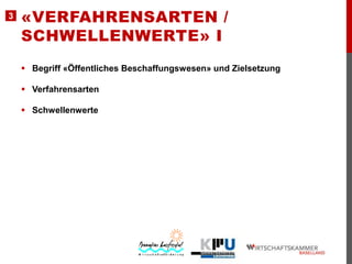 3

«VERFAHRENSARTEN /
SCHWELLENWERTE» I
 Begriff «Öffentliches Beschaffungswesen» und Zielsetzung

 Verfahrensarten
 Schwellenwerte

 