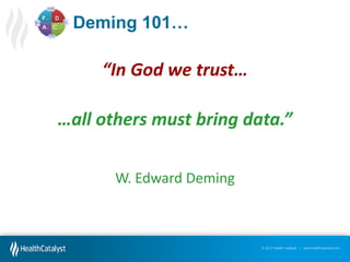 Deming  101…

“In  God  we  trust…  
…all  others  must  bring  data.”
W. Edward Deming

© 2012 Health Catalyst | www.healthcatalyst.com

 
