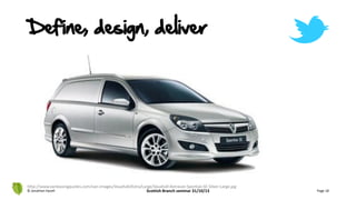 Define, design, deliver
© Jonathan Hazell Scottish Branch seminar 31/10/13 Page 18
http://www.vanleasingquotes.com/van-images/Vauxhall/Astra/Large/Vauxhall-Astravan-Sportive-SE-Silver-Large.jpg
 