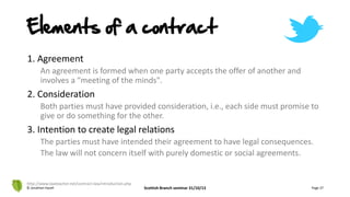 Elements of a contract
1. Agreement
An agreement is formed when one party accepts the offer of another and
involves a "meeting of the minds".
2. Consideration
Both parties must have provided consideration, i.e., each side must promise to
give or do something for the other.
3. Intention to create legal relations
The parties must have intended their agreement to have legal consequences.
The law will not concern itself with purely domestic or social agreements.
© Jonathan Hazell Scottish Branch seminar 31/10/13 Page 27
http://www.lawteacher.net/contract-law/introduction.php
 