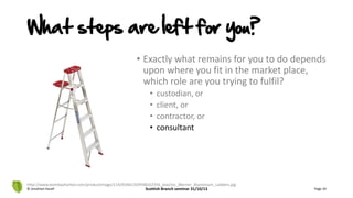 • Exactly what remains for you to do depends
upon where you fit in the market place,
which role are you trying to fulfil?
• custodian, or
• client, or
• contractor, or
• consultant
© Jonathan Hazell Scottish Branch seminar 31/10/13 Page 34
http://www.bombayharbor.com/productImage/114292661359938262356_low/Jvs_Werner_Aluminium_Ladders.jpg
What steps are left for you?
 