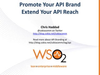 Promote Your API Brand
Extend Your API Reach
Chris Haddad
@cobiacomm on Twitter
http://blog.cobia.net/cobiacomm

Read more about API Branding at
http://blog.cobia.net/cobiacomm/tag/api

 