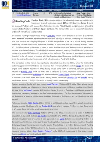 October 2013
#
3

Company
Funding Circle (UK)
www.fundingcircle.com

Sector
Internet
Services

Round
C

€mn
27.4

Description
Lending platform that allows
individuals and institutions to loan
money to small businesses.

Investors
Accel Partners, Index
Ventures, Ribbit Capital,
Union Square Ventures.

Funding Circle (UK), a lending platform that allows individuals and institutions to
loan money to small businesses, raised $37mn (€27.4mn) in a Series C round
led by Accel Partners with support from fellow new investor Ribbit Capital and participation of existing
investors Index Ventures and Union Square Ventures. The money will be used to expand UK operations
and launch in the US, its second market.
We last saw Funding Circle (founded 2010) in April 2012 when it raised €12.2mn in a Series B round from
Index Ventures and Union Square Ventures to further develop its services, marketing and recruitment.
With over 100 staff the company now plans to expand its operations in the UK to include lending services
specifically for asset finance and real estate financing. In March this year, the company received £20mn
(€23.2mn) from the UK government to invest in SMEs. Funding Circle’s UK lending activity is expected to
increase even further following Vince Cable (UK business secretary) ordering £55m (€65mn) of government
money to be lent to SMEs through it and other lending platforms. The company is also planning to expand
its activity in the US market by merging with San Francisco-based Endurance Lending Network, an online
lender for small and medium businesses, which will rebranded as Funding Circle USA.
The competition in this market has significantly intensified since the mid-2000s, when the first lending
platforms appeared. In the UK there are now more than 10 known platforms including Zopa, the oldest and
largest loans platform (founded in 2005), having issued loans worth a combined c.£400mn (€472mn),
followed by Funding Circle which has lent a total of c.£180mn (€212mn), impressive considering its threeyear history. Others include Ratesetter and recently launched Assetz Capital. In comparison, the US market
is estimated to be much larger, with the two leading players, namely the Lending Club and Prosper, having
issued loans worth c.$1.5bn (€1.1bn) and c.$430mn (€320mn), respectively.
Readers should be familiar with lead investor Accel Partners (€356mn (2013); AUM €5bn), whose current
investment priorities are infrastructure, internet and consumer services, mobile and cloud services / SaaS.
We saw Accel last month investing €13.5mn in a Series B round in Calastone, a UK-based provider of
independent transaction services for the fund management industry. The firm also appeared this month in
our Bulletin as a seller of mobile game developer Supercell to SoftBank for €1.1bn (details in the next
section).
Fellow new investor Ribbit Capital (€73mn (2013)) is a US-based venture capital firm typically investing in
financial services. It last featured in our October 2012 issue when it invested €19.8mn in a Late Stage round
in UK-based Borro, a provider of online pawnbroking services.
Well-known investor Index Ventures (€350mn (2012); AUM €2bn), who also was a seller in SoftBank’s
acquisition of Supercell, featured last month in our Bulletin for a €13.1mn Series B round in SwiftKey, an
alternative keyboard app for Android. It also appeared in our March Bulletin when investing €9.3mn in a
Series B round in German online peer-to-peer lending platform Auxmoney, the same month as it backed
British peer-to-peer foreign currency transfer service TransferWise in a €4.6mn Series A round. Funding
Circle is at least its third 2013 investment in the financial services sector. In keeping with its preference for
consumer internet plays, Union Square Ventures’ (AUM €347mn) investments in this space include
Auxmoney (March) and Lending Club in 2011.
© Go4Venture Advisers 2013

Page 9


`

 