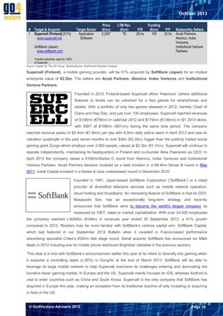 October 2013

#
1

Target & Acquirer
Supercell (Finland) [51%]
www.supercell.net

Target Sector
Application
Software

Price
(€mn)
2,200*

LTM Rev.
(€mn)
79

P/R
28.0x

Funding
(€mn)
100

P/F
22.0x

SoftBank (Japan)
www.softbank.com

Noteworthy Sellers
Accel Partners,
Atomico, Index
Ventures,
Institutional Venture
Partners.

*Implied enterprise value for 100%
of Supercell
Source: Capital IQ; The 451 Group; VentureSource; Go4Venture Advisers Analysis

Supercell (Finland), a mobile gaming provider, will be 51% acquired by SoftBank (Japan) for an implied
enterprise value of €2.2bn. The sellers are Accel Partners, Atomico, Index Ventures and Institutional
Venture Partners.
Founded in 2010, Finland-based Supercell offers ‘freemium’ (where additional
features or levels can be unlocked for a fee) games for smartphones and
tablets. With a portfolio of only two games released in 2012, namely Clash of
Clans and Hay Day, and just over 100 employees, Supercell reached revenues
of $108mn (€79mn) in calendar 2012 and $179mn (€136mn) in Q1 2013 alone,
with EBIT of $106mn (€81mn) during the same time period. The company
reached revenue peaks of $2.4mn (€1.8mn) per day with 8.5mn daily active users in April 2013 and saw its
valuation quadruple in the past seven months to over $3bn (€2.2bn), bigger than the publicly traded social
gaming giant Zynga which employs over 3,000 people, valued at $2.3bn (€1.7mn). Supercell will continue to
operate independently, maintaining its headquarters in Finland and co-founder Ilkka Paananen as CEO. In
April 2013 the company raised a €100mnSeries C round from Atomico, Index Ventures and Institutional
Venture Partners. Accel Partners became involved as a lead investor in a €8.4mn Series B round in May
2011. Initial Capital invested in a Series A (size undisclosed) round in December 2010.
Founded in 1981, Japan-based SoftBank Corporation (“SoftBank”) is a listed
provider of diversified telecoms services such as mobile network operation,
cloud hosting and broadband. An interesting feature of SoftBank is that its CEO,
Masayoshi Son, has an exceptionally long-term strategy and recently
announced that SoftBank aims to become the world’s largest company as
measured by EBIT, sales or market capitalisation. With over 24,500 employees
the company reached c.¥284bn (€34bn) in revenues year ended 30 September 2013, a 41% growth
compared to 2012. Readers may be more familiar with SoftBank’s venture capital arm, SoftBank Capital,
which last featured in our September 2012 Bulletin when it invested in France-based performance
advertising specialist Criteo’s €30mn late stage round. Serial acquirer SoftBank has announced six M&A
deals in 2013 including one for mobile phone distributor Brightstar (detailed in the previous section).
This deal is in line with SoftBank’s announcement earlier this year of its intent to diversify into gaming when
it acquired a controlling stake (c.58%) in GungHo at the end of March 2013. SoftBank will be able to
leverage its large mobile network to help Supercell overcome its challenges entering and dominating the
lucrative Asian gaming market. In Europe and the US, Supercell mainly focused on iOS, whereas Android is
vital to enter countries such as China and South Korea. Supercell is the only company that SoftBank has
acquired in Europe this year, making an exception from its traditional doctrine of only investing or acquiring
in Asia or the US.

© Go4Venture Advisers 2013

Page 18


`

 