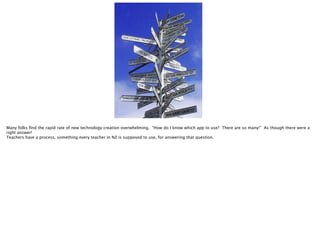 Many folks ﬁnd the rapid rate of new technology creation overwhelming. “How do I know which app to use? There are so many!” As though there were a
right answer!
Teachers have a process, something every teacher in NZ is supposed to use, for answering that question.

 