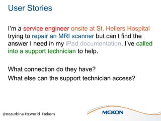User Stories
I’m a service engineer onsite at St. Heliers Hospital
trying to repair an MRI scanner but can’t find the
answer I need in my iPad documentation. I’ve called
into a support technician to help.

What connection do they have?
What else can the support technician access?

 