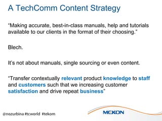 A TechComm Content Strategy
“Making accurate, best-in-class manuals, help and tutorials
available to our clients in the format of their choosing.”
Blech.

It’s not about manuals, single sourcing or even content.
“Transfer contextually relevant product knowledge to staff
and customers such that we increasing customer
satisfaction and drive repeat business”

 