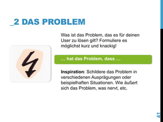 _2 DAS PROBLEM
Was ist das Problem, das es für deinen
User zu lösen gilt? Formuliere es
möglichst kurz und knackig!
… hat ...