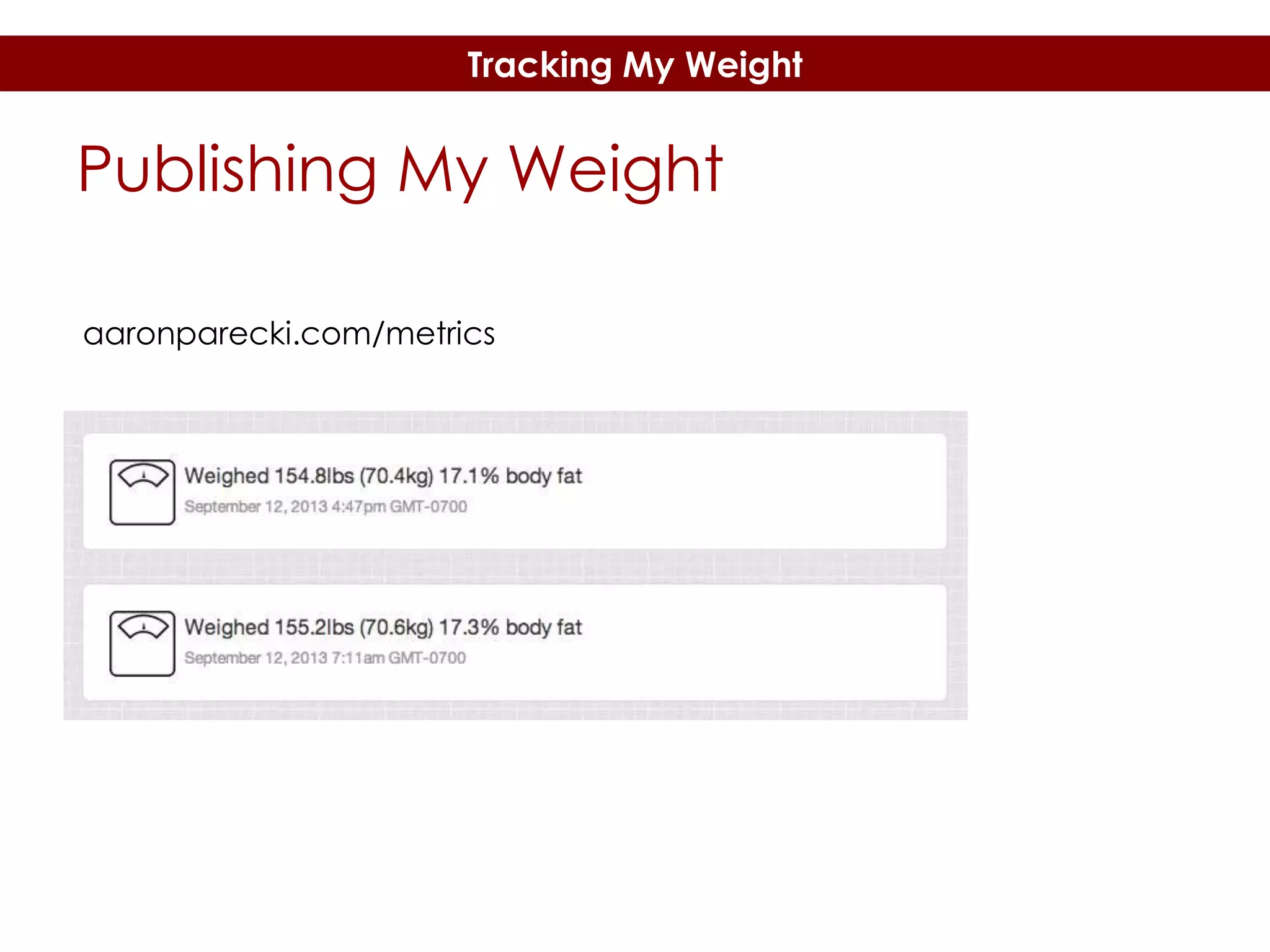Tracking My Weight

Publishing My Weight
aaronparecki.com/metrics

 