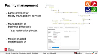 Facility management




Large provider for
facility management services
Management of
business processes




E.g. reclamation process

Mobile-enabled
customizable UI

Session title
Mobile Enterprise Applications with Red Hat

Non -confidential

13

 