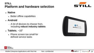 STILL

Platform and hardware selection


Native




Android




Better offline capabilities

A lot of devices to choose from,
including robust industry tablets

Tablets, ~10”


Phone screen too small for
defined service tasks

Session title
Mobile Enterprise Applications with Red Hat

Non -confidential

19

 