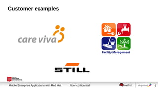 Customer examples

Session title
Mobile Enterprise Applications with Red Hat

Non -confidential

6

 