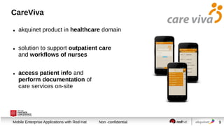CareViva






akquinet product in healthcare domain
solution to support outpatient care
and workflows of nurses
access patient info and
perform documentation of
care services on-site

Session title
Mobile Enterprise Applications with Red Hat

Non -confidential

9

 
