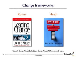 Change frameworks
Kotter

Heath

+ Lewin's Change Model, Burke-Litwin Change Model, 7S Framework & more...
7

@morafabio

 