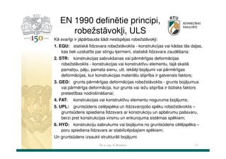 EN 1990 definētie principi,
robežstāvokļi, ULS
Kā svarīgi ir jāpārbauda šādi nestspējas robežstāvokļi:
1. EQU: statiskā līdzsvara robežstāvoklis - konstrukcijas vai kādas tās daļas,
kas tiek uzskatīts par stingu ķermeni, statiskā līdzsvara zaudēšana:
2. STR: konstrukcijas sabrukšanas vai pārmērīgas deformācijas
robežstāvoklis - konstrukcijas vai konstruktīvu elementu, tajā skaitā
pamatņu, pāļu, pamata sienu, utt. iekšēji bojājumi vai pārmērīgas
deformācijas, kur konstrukcijas materiālu stiprība ir galvenais faktors;
3. GEO: grunts pārmērīgas deformācijas robežstāvoklis - grunts bojājumus
vai pārmērīga deformācija, kur grunts vai iežu stiprība ir būtisks faktors
pretestības nodrošināšanai;
4. FAT:

konstrukcijas vai konstruktīvu elementu noguruma bojājums;

5. UPL: gruntsūdens celējspēka un līdzsvarojošo spēku robežstāvoklis –
gruntsūdens spiediena līdzsvars ar konstrukciju un apbērumu pašsvaru,
berzi pret konstrukcijas virsmu un enkurojuma sistēmas spēkiem;
6. HYD: konstrukciju sabrukums vai bojājums no gruntsūdens cēlējspēka –
poru spiediena līdzsvars ar stabilizējošajiem spēkiem;
Un gruntsūdens izsaukti strukturāli bojājumi
Dr.sc.ing. K.Bondars

12

 
