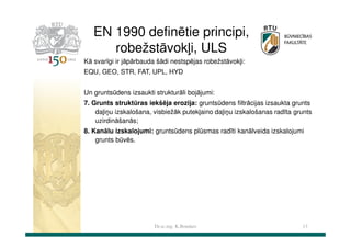 EN 1990 definētie principi,
robežstāvokļi, ULS
Kā svarīgi ir jāpārbauda šādi nestspējas robežstāvokļi:
EQU, GEO, STR, FAT, UPL, HYD
Un gruntsūdens izsaukti strukturāli bojājumi:
7. Grunts struktūras iekšēja erozija: gruntsūdens filtrācijas izsaukta grunts
daļiņu izskalošana, visbiežāk putekļaino daļiņu izskalošanas radīta grunts
uzirdināšanās;
8. Kanālu izskalojumi: gruntsūdens plūsmas radīti kanālveida izskalojumi
grunts būvēs.

Dr.sc.ing. K.Bondars

13

 