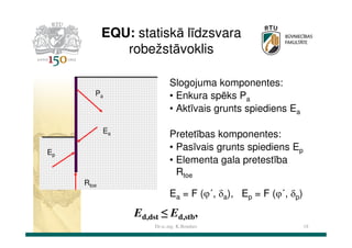 EQU: statiskā līdzsvara
robežstāvoklis
Pa

Ea
Ep

Rtoe

Slogojuma komponentes:
• Enkura spēks Pa
• Aktīvais grunts spiediens Ea
Pretetības komponentes:
• Pasīvais grunts spiediens Ep
• Elementa gala pretestība
Rtoe
Ea = F (ϕ´, δa), Ep = F (ϕ´, δp)

Ed,dst ≤ Ed,stb,
Dr.sc.ing. K.Bondars

18

 