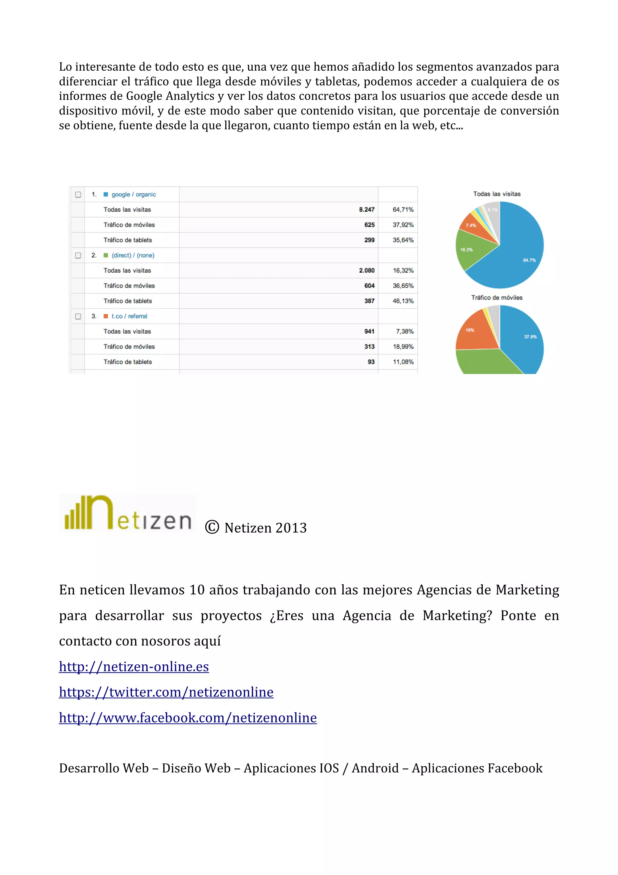 Lo	
  interesante	
  de	
  todo	
  esto	
  es	
  que,	
  una	
  vez	
  que	
  hemos	
  añadido	
  los	
  segmentos	
  avanzados	
  para	
  
diferenciar	
  el	
  tráfico	
  que	
  llega	
  desde	
  móviles	
  y	
  tabletas,	
  podemos	
  acceder	
  a	
  cualquiera	
  de	
  os	
  
informes	
   de	
   Google	
   Analytics	
   y	
   ver	
   los	
   datos	
   concretos	
   para	
   los	
   usuarios	
   que	
   accede	
   desde	
   un	
  
dispositivo	
  móvil,	
  y	
  de	
  este	
  modo	
  saber	
  que	
  contenido	
  visitan,	
  que	
  porcentaje	
  de	
  conversión	
  
se	
  obtiene,	
  fuente	
  desde	
  la	
  que	
  llegaron,	
  cuanto	
  tiempo	
  están	
  en	
  la	
  web,	
  etc...	
  
	
  
	
  

	
  

	
  
	
  
	
  
	
  	
  ©	
  Netizen	
  2013	
  	
  
	
  
En	
  neticen	
  llevamos	
  10	
  años	
  trabajando	
  con	
  las	
  mejores	
  Agencias	
  de	
  Marketing	
  
para	
   desarrollar	
   sus	
   proyectos	
   ¿Eres	
   una	
   Agencia	
   de	
   Marketing?	
   Ponte	
   en	
  
contacto	
  con	
  nosoros	
  aquí	
  
http://netizen-­‐online.es	
  
https://twitter.com/netizenonline	
  
http://www.facebook.com/netizenonline	
  
	
  
Desarrollo	
  Web	
  –	
  Diseño	
  Web	
  –	
  Aplicaciones	
  IOS	
  /	
  Android	
  –	
  Aplicaciones	
  Facebook	
  
	
  

 