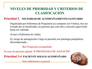 NIVELES DE PRIORIDAD Y CRITERIOS DE
CLASIFICACIÓN
Prioridad 2: NECESIDAD DE ACOMPAÑAMIENTO SANITARIO
Organizado por Enfermera de Psiquiatría (se comparte con Vitales), tras ser
avisado por el clasificador, en paciente que está solo y necesita supervisión
hasta ser valorado.
Avisar a Enfermera de vitales.
Ej: riesgo de autoagresión o fuga en paciente con patología psiquiátrica
descompensada...
Box Psiquiatría acompañado
En caso de paciente agitado  PROTOCOLO DE AGITACIÓN

Prioridad 3-4: PACIENTE SOLO O ACOMPAÑADO
Sala ambulatoria o general

 