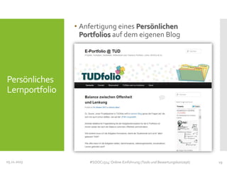 • Anfertigung eines Persönlichen
Portfolios auf dem eigenen Blog

Persönliches
Lernportfolio

05.11.2013

#SOOC1314: Online-Einführung (Tools und Bewertungskonzept)

19

 